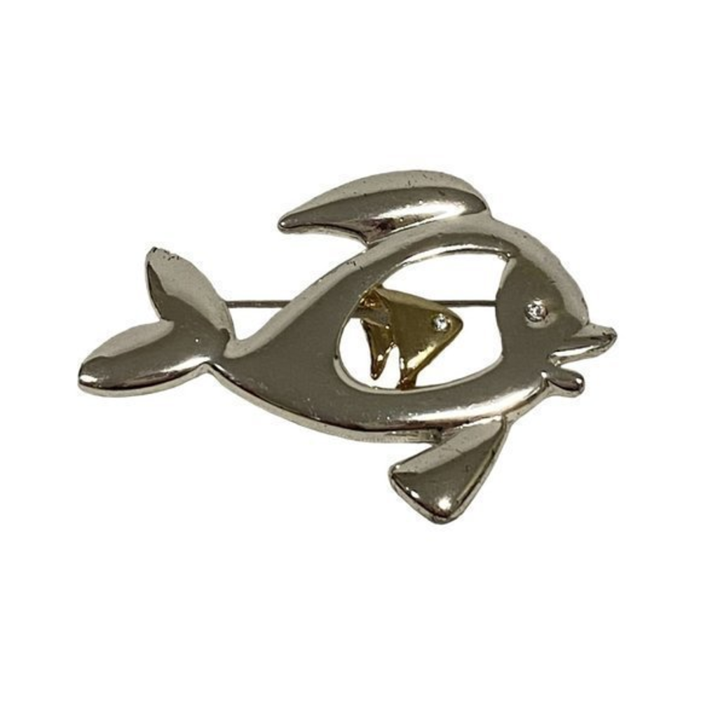 Vintage Silver‎ Tone and Gold Tone Fishes Brooch with Rhinestone